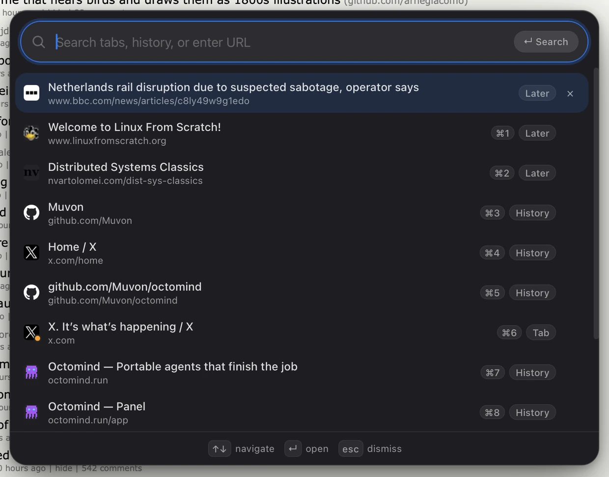 The command palette with nothing typed: three saved pages — a BBC News article, Linux From Scratch, and Distributed Systems Classics — sit on top with Later pills, above recent history and open tabs