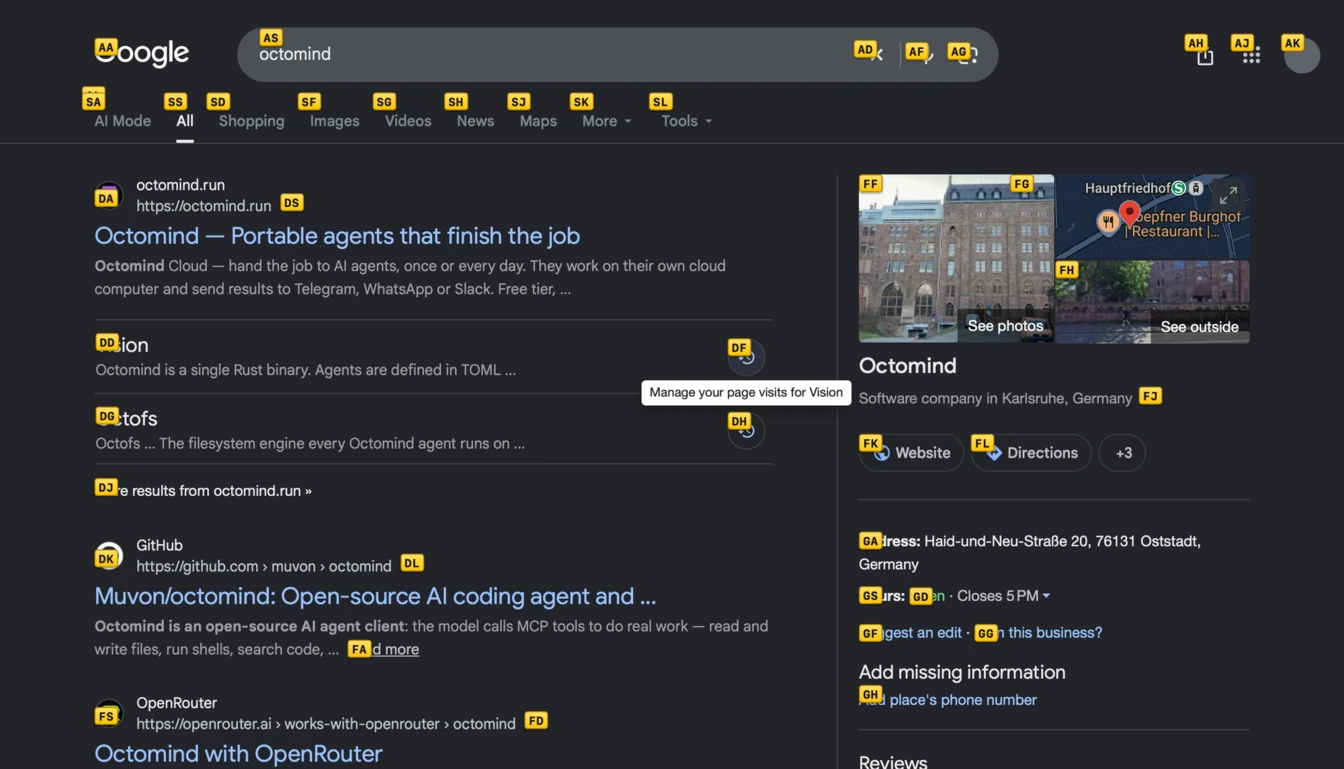 Google results for "octomind" with ⌘⇧F active: two-letter home-row labels such as AA, SS and DA sit on the search box, the tabs, every result link, and the photos and map in the side panel