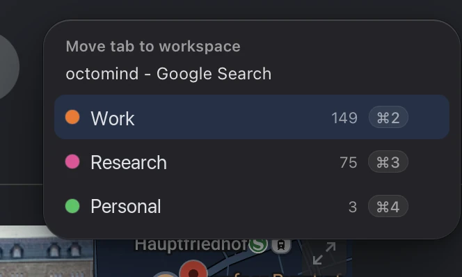 The Move tab to workspace popover for a tab titled "octomind - Google Search", listing the Work, Research and Personal workspaces with their tab counts and ⌘2 to ⌘4 shortcuts