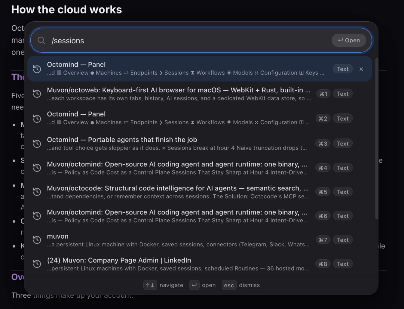 Octoweb's command palette with the query "/sessions": results from the Octomind panel, the octoweb and octomind GitHub repositories, and octomind.run, each with a Text pill and the passage where the word appears
