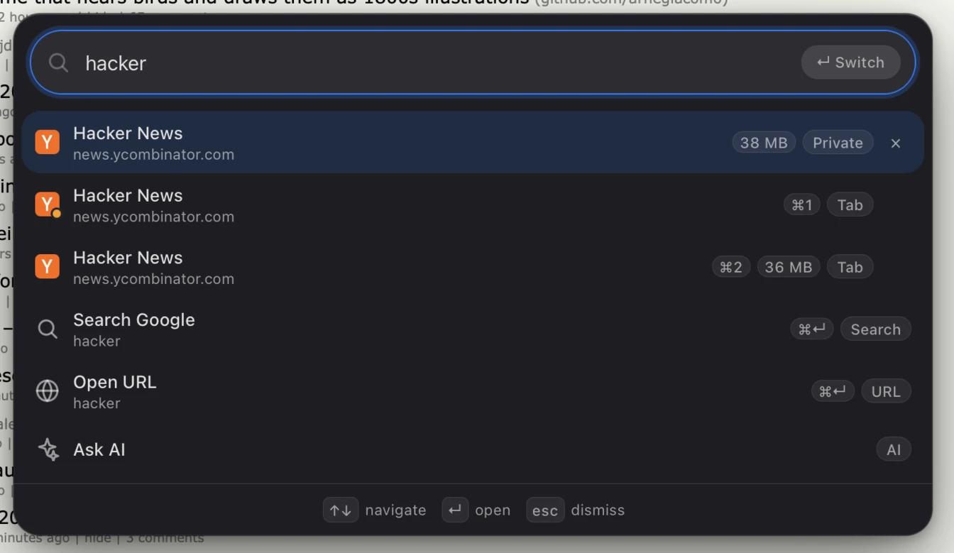 The command palette with "hacker" typed: a private Hacker News tab with a Private pill and its memory use, two ordinary Hacker News tabs with Tab pills, then the Search Google, Open URL, and Ask AI rows