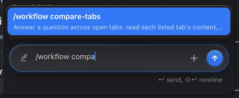 The sidebar prompt with "/workflow compa" typed and the dropdown completing it to /workflow compare-tabs, followed by the start of its description