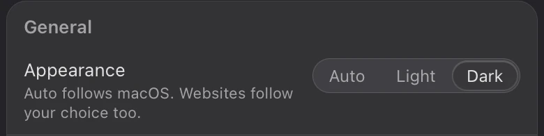 The Appearance setting under Settings, General: Auto, Light, and Dark, with Dark selected