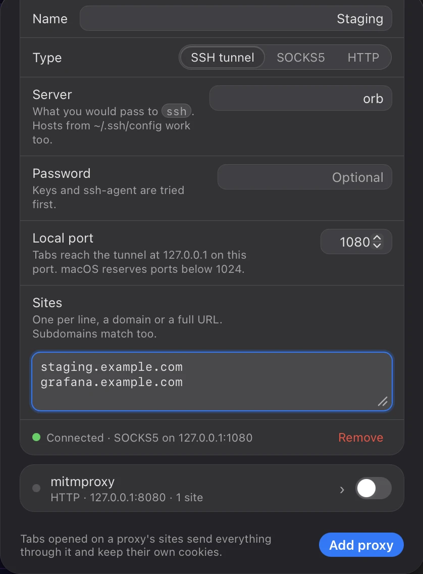 Settings, Proxies tab, with an SSH tunnel named Staging open: server orb, local port 1080, sites staging.example.com and grafana.example.com, and the status line Connected · SOCKS5 on 127.0.0.1:1080. Below it, a switched-off HTTP proxy for mitmproxy