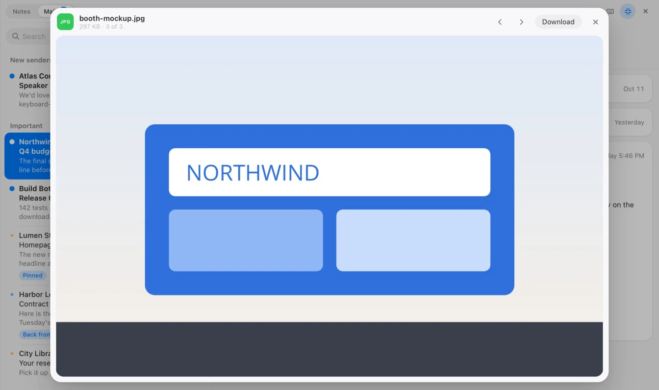 An image attachment open in the preview over the mail window, titled 3 of 3, with previous and next arrows, a Download button and a close button