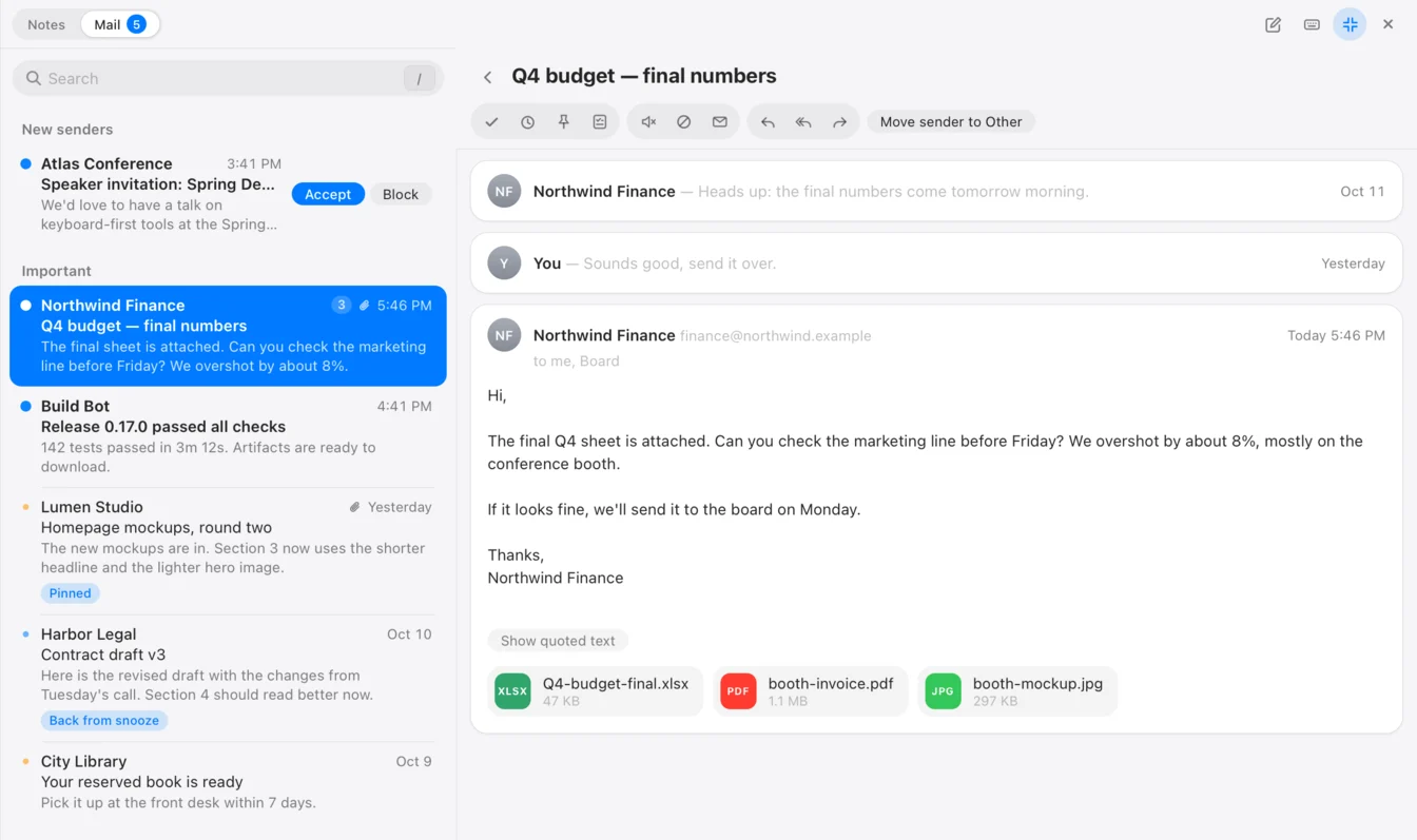 Mail filling the window: the conversation list on the left with New senders, an Accept and Block row, and Important mail, the selected conversation highlighted. On the right, an open thread with two collapsed messages, the latest message expanded, and three attachments