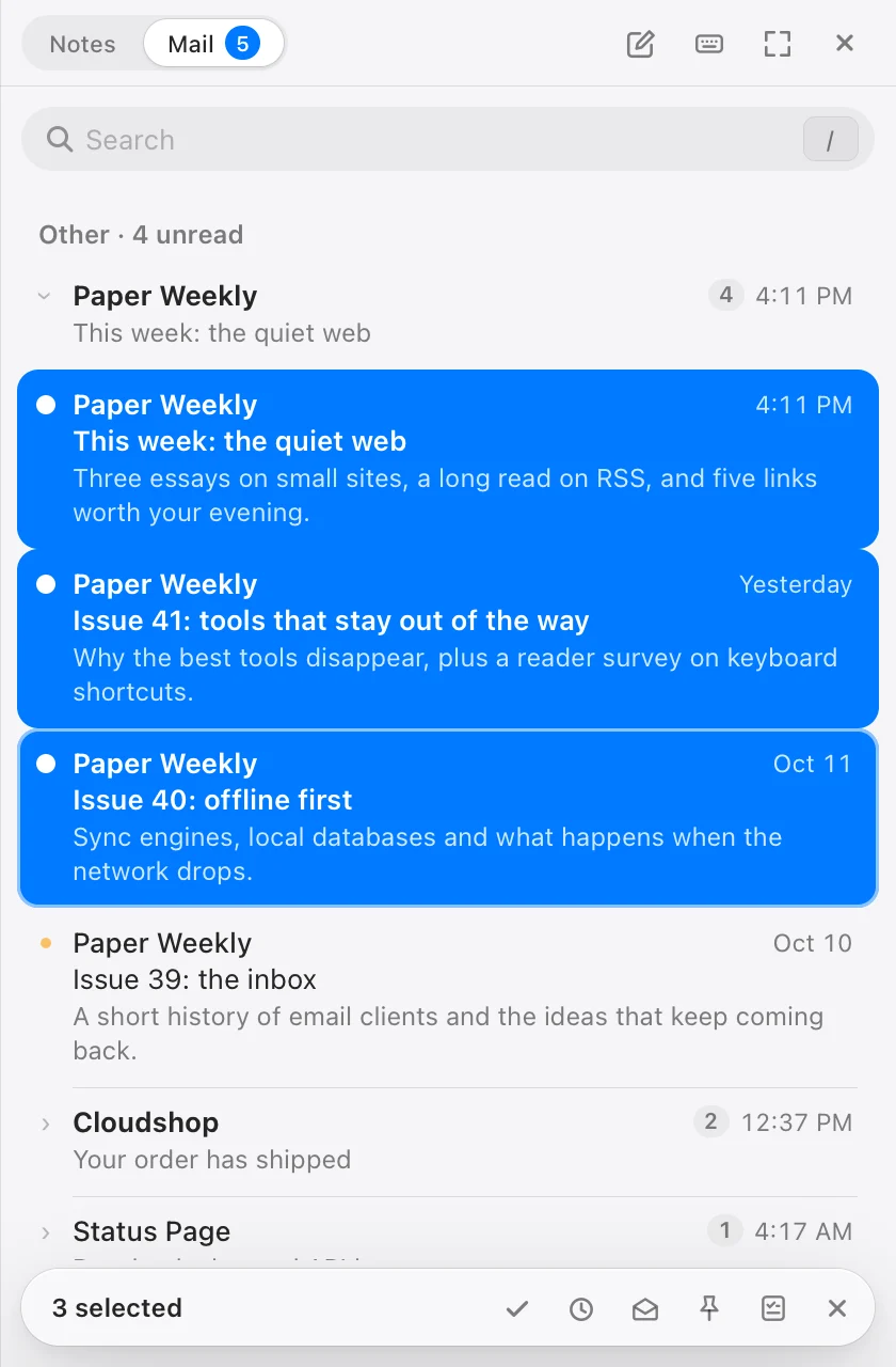 The Other section with a newsletter's issues expanded, three of them selected, and the selection bar at the bottom: 3 selected, with Done, Snooze, Mark read, Pin, To notes and Clear