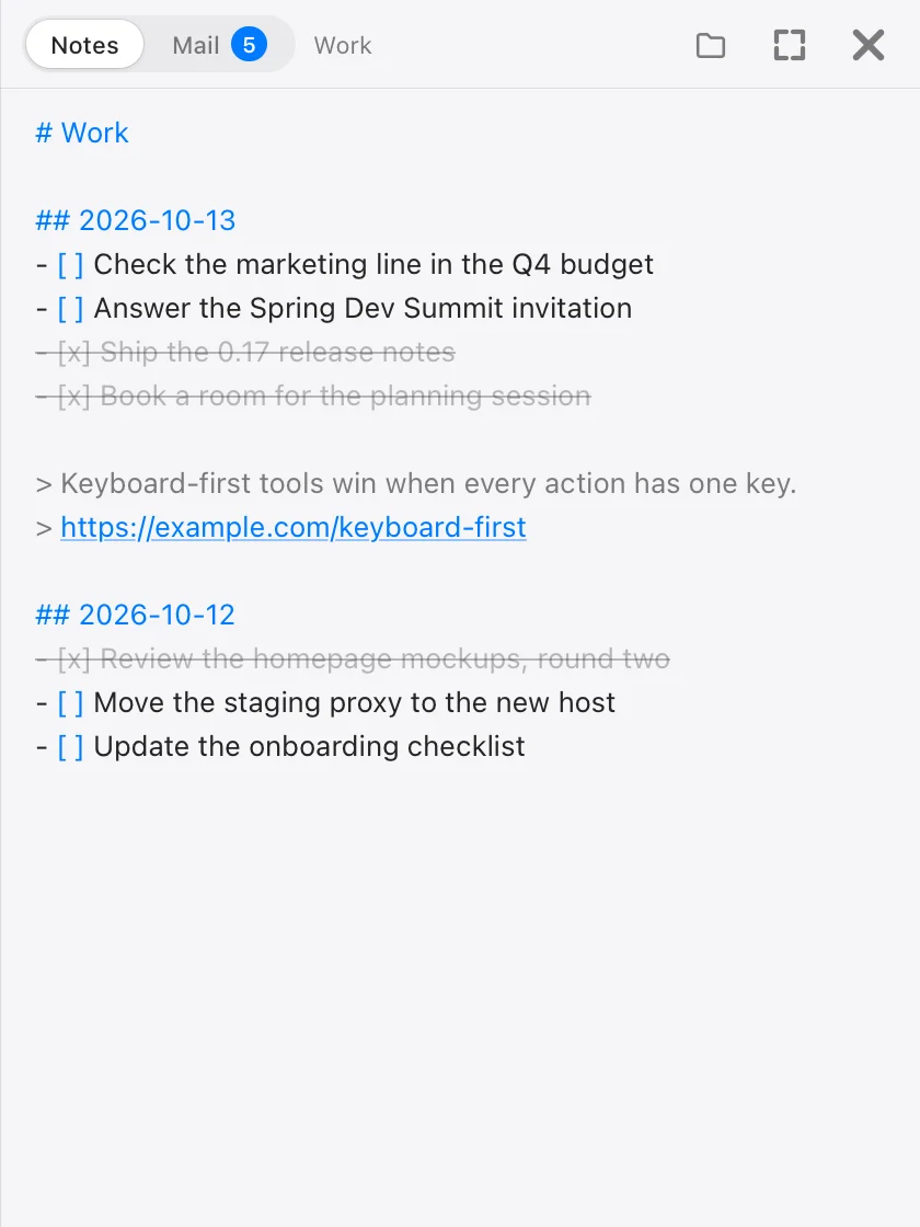 The Notes tab beside the Mail tab: a workspace's markdown notes with date headings, open and ticked tasks, and a quote with its link